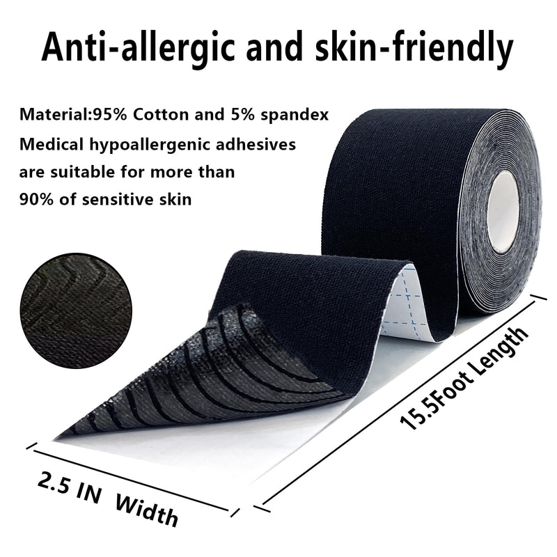 SOON GO Kinesiology Tape Pro 5 Rolls, 2 Inch High Elasticity Sports Tape Therapeutic Pain Relief–Physio Tape for Muscle Recovery & Joint Support, Waterproof & Hypoallergenic & Breathable–Black Black 5 Count (Pack of 1)