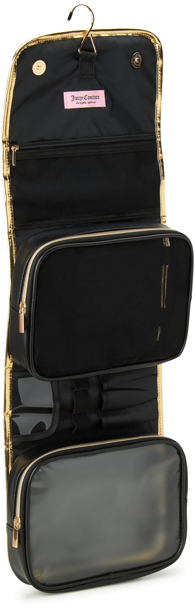 Juicy Couture Black Makeup Bag Cosmetics Organizer Travel Essentials Hanging Hook Faux Quilted Leather Gold Trim