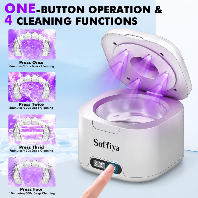 [Australia] - Dental Ultrasonic Retainer Cleaner Machine: Soffiya 49kHz Denture Cleaner with 350ML for Cleaning Dentures, Mouth Guards, Aligner, Braces, Toothbrush Head & Jewelry - UV Cleaner with 4 Digital Timers 