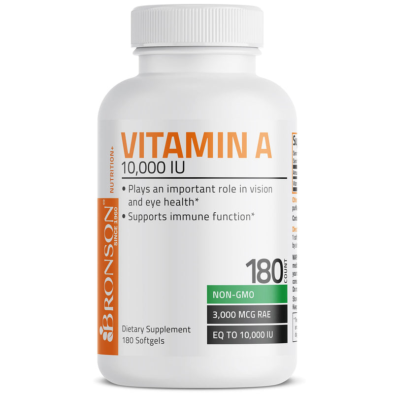 Bronson Vitamin A 10,000 IU Healthy Vision and Immune Support, 180 Softgels | Vitamin A Palmitate, Once-Daily Rapid Release, Skin, Growth & Reproduction Support, Non-GMO Unflavored 180 Count (Pack of 1)