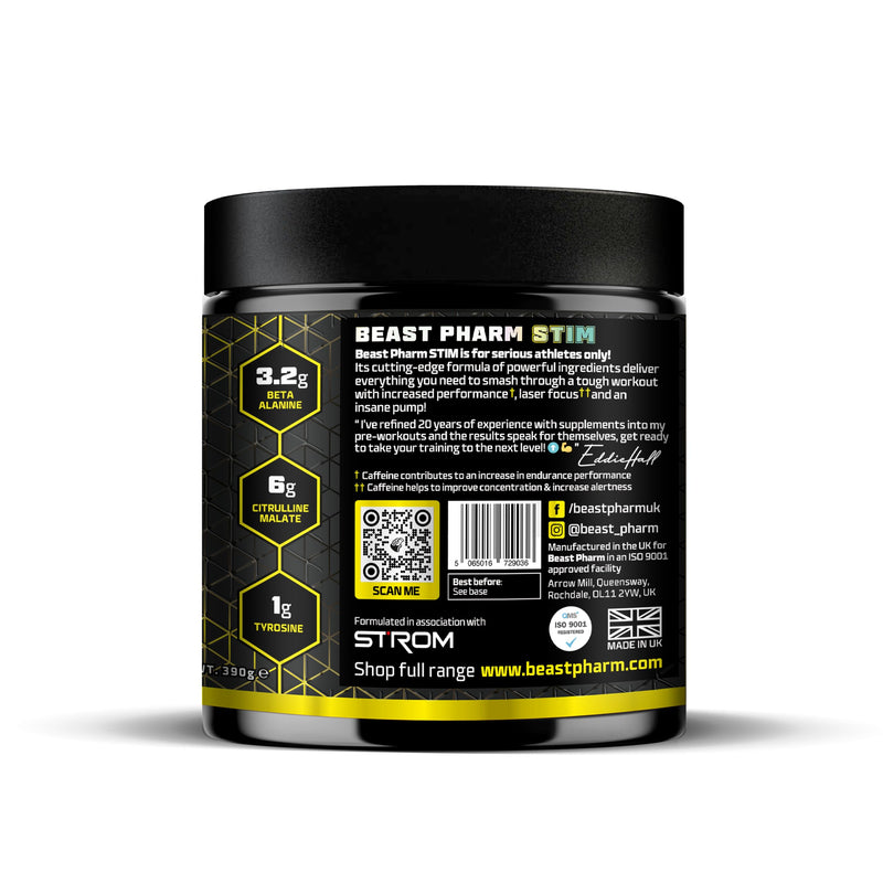 Beast Stim Pre Workout Powder - 30 Servings - Gym Supplements for Men and Women 390g - Beta Alanine Preworkout - Lemon Sherbet
