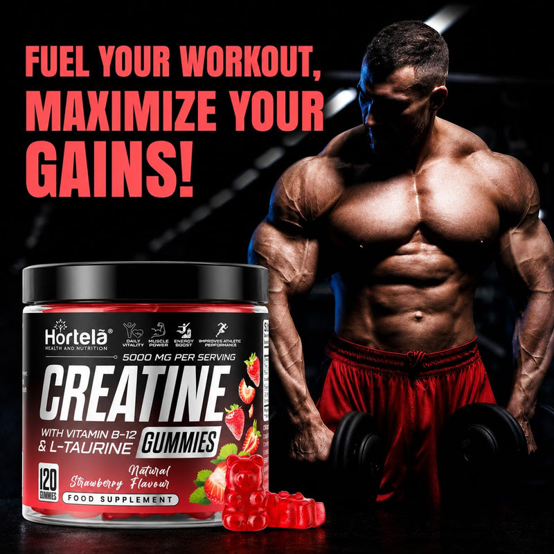 Creatine Gummies 5000mg – Creatine Monohydrate with B12 & L-Taurine | Strawberry Flavour Chewables for Men & Women | Energy, Muscle & Recovery Support | 120 Count (1 Month Supply) (Strawberry)