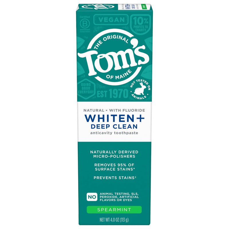 Tom's of Maine Whiten Plus Deep Clean Whitening Toothpaste, Mint, 3Pk, 4 oz | Spearmint, Natural Toothpaste with Fluoride, Removes 95% of Stains, Enamel Safe Formula, Whitens Without Causing Sensitivity 4 Ounce (Pack of 3)