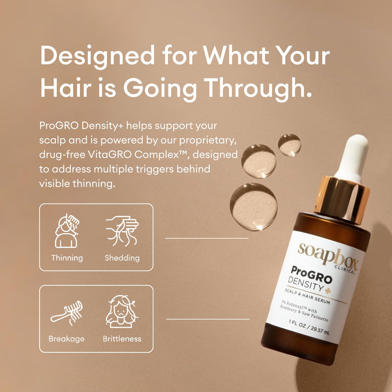 Soapbox ProGRO Density+ Hair Thickening Serum for Thinning Hair | Lightweight Scalp Serum - Supports Fuller, Stronger Hair - Free of Harsh Chemicals, Sulfates, Parabens & Silicones 1 Fl Oz (Pack of 1)