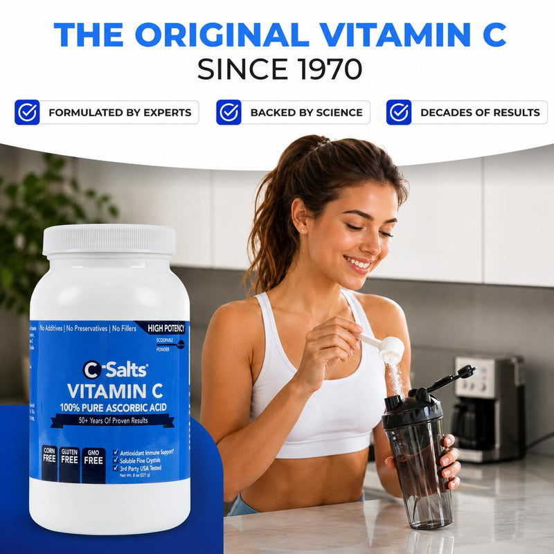 C-Salts Ascorbic Acid Powder 1000mg - Pure Vitamin C Supplement for Immune Support and Antioxidant Defense - 100% Pure with No Additives, cGMP Certified, Non-GMO, 8oz 8 Ounce (Pack of 1)