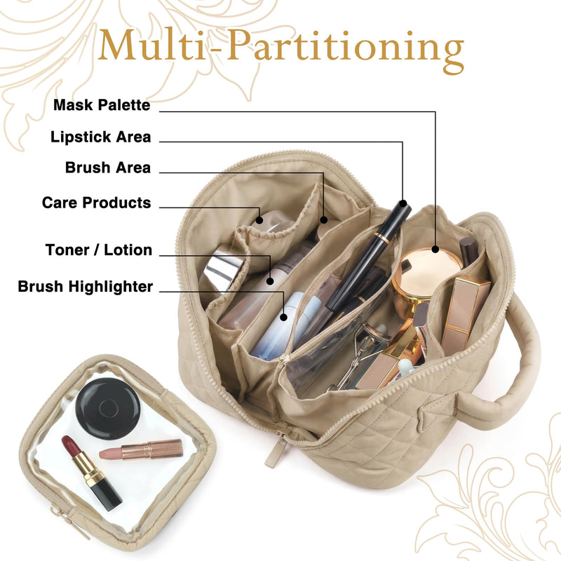 Women Cotton Cosmetic Bag,2PCS/Set Travel Makeup Bag, Large Capacity Cosmetic Bags for Women, Portable Open Flat Toiletry Bags,Makeup Organizer Bag with PVC Mini Wallet Purse, (Khaki) Khaki