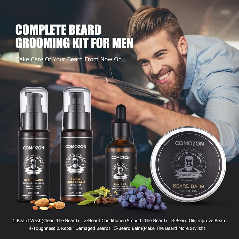 [Australia] - Beard Roller, Beard Care Set with Beard Roller Beard Growth Agent Men Comozon Beard Roller Beard Growth Kit with Beard Shampoo Beard Oil Beard Balm Razor Beard Brush Beard Comb Beard Scissors 12-in-1 