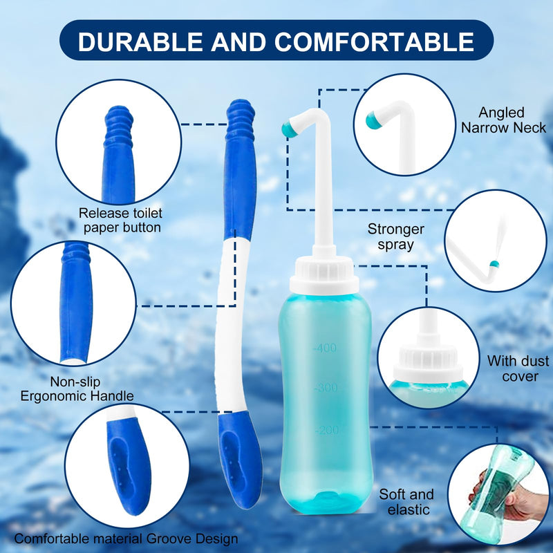 [Australia] - Foldable Toilet Aids Set for Wiping - 2PC Personal Hygiene Kit with Collapsible Butt Wiper & Dual-Nozzle Peri Bottle, for Post-Surgery Recovery, Elderly, Overweight, Mobility Challenges and Travel 