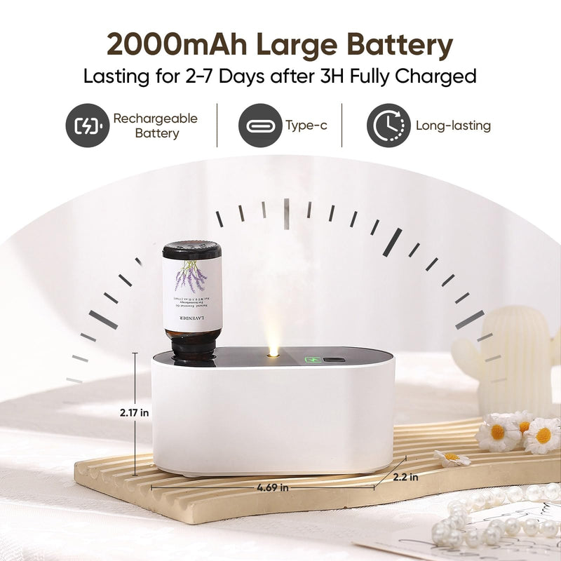 [Australia] - Waterless Diffuser for Essential Oil, Battery Operated Scent Air Aromatherapy Diffuser, Mini Aroma Diffusers with 3 Intermittent Mist Modes, Cycle Start, for 400 sq.ft Room Home Office Bedroom White 