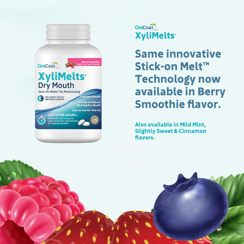 [Australia] - Oracoat XyliMelts Dry Mouth Relief Moisturizing Stick-On Melts Berry Smoothie with Xylitol, for Dry Mouth, Stimulates Saliva, Non-Acidic, Day and Night Use, Time Release for up to 8 Hours, 230 Count 