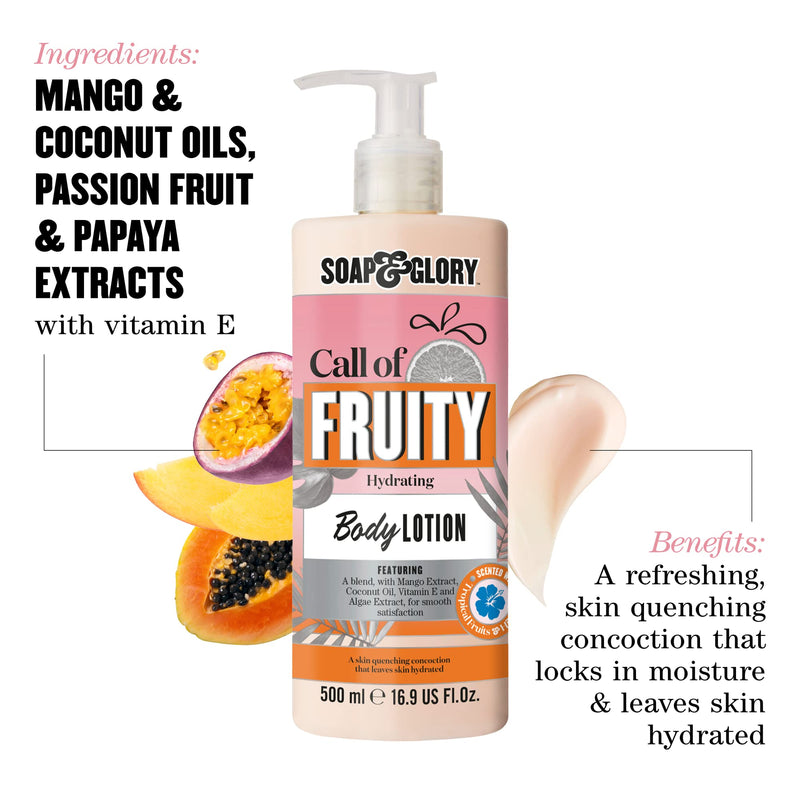 Soap & Glory Call of Fruity Vegan Body Lotion & Cream Moisturizer, 500 ml | Hydrates, Smooths & Restores Dry Skin, Vitamin E, Coconut Oil & Aloe Extracts, Tropical Fruit Scent