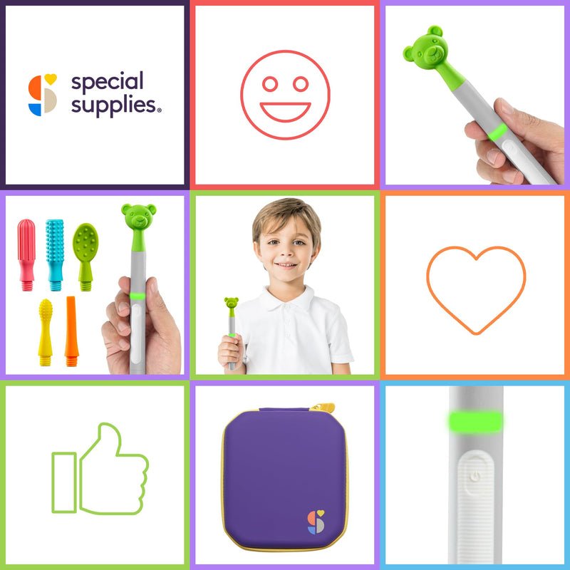 Special Supplies Buzz Buddy Oral Motor Stimulation kit with 6 Soft Textured Interchangeable Heads, Calm Sensory Needs, Support Speech, and Stimulate Self Feeding, Gentle Vibrations (Grey) Grey