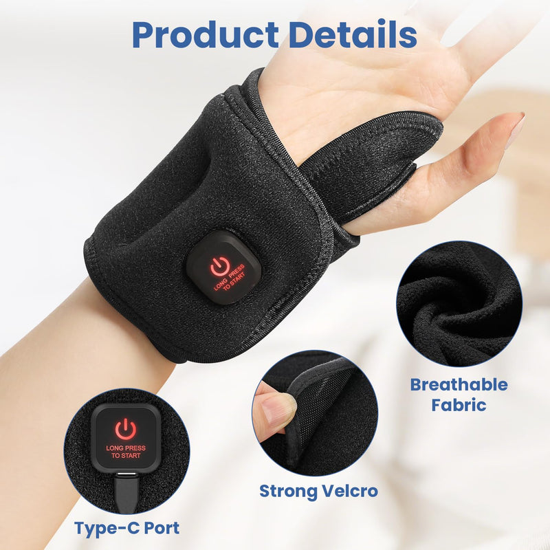 [Australia] - Wrist Heating Pad, Heated Wrist Wrap for Arthritis Carpal Tunnel Tenosynovitis Relief, 3 Temperature Levels with 3000 mAh Rechargeable Battery (Black) 