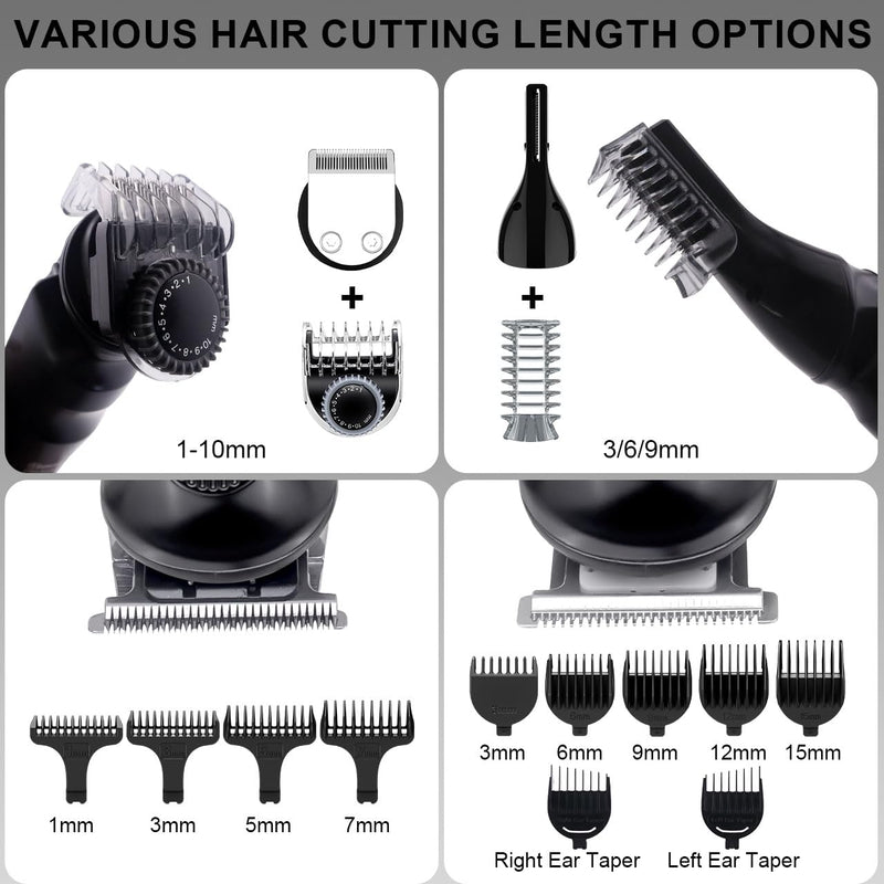 [Australia] - Hatteker Beard Trimmer for Men Mustache Trimmer T-Blade Beard Grooming Kit Hair Clipper Electic Razor Shavers Cordless Waterproof Nose Body Trimmer 8 in 1 Adjustable Speed Black 