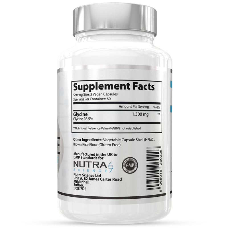 Glycine Supplement 98.5% Concentration | Highest Purity Glycine Capsules in the UK | 1,300mg Glycine Powder Amino Acid Supplements 2 Month Supply 120 Caps