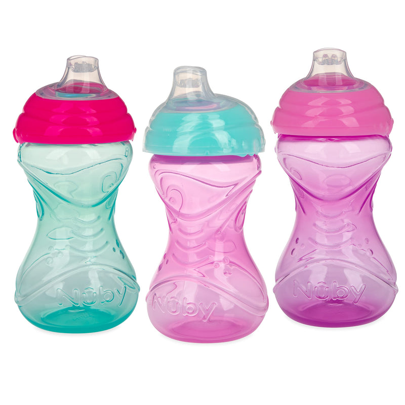 Nuby Clik-It Soft Spout No-Spill Easy Grip Sippy Cup for Girls - (3-Pack) 10 Oz - 6+ Months Girl