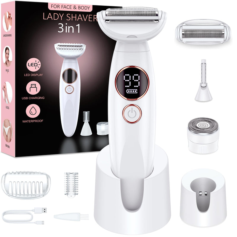 [Australia] - Women's razor, 3-in-1 intimate razor for women, facial hair remover for women, women's razor, electric wet-dry razor, IPX7 waterproof trimmer for women, for bikini area, armpits, legs, USB charging 