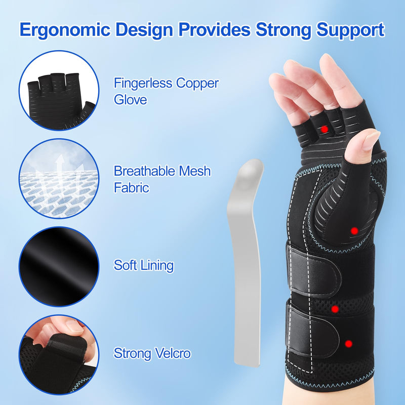 CHIYAN Carpal Tunnel Wrist Brace with Copper Arthritis Glove, Adjustable Metal Splint Stabilizer Wrist Support Women Men for Day Night Sleep Pain Relief Work, Typing, Tendonitis, Sprains Right Hand Large/X-Large