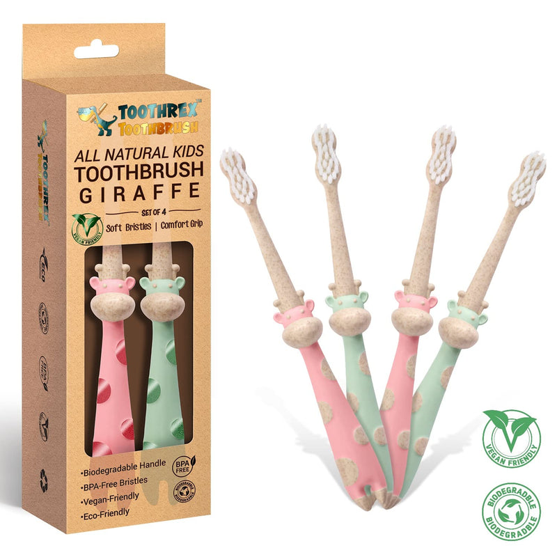 [Australia] - ROARex® All-Natural Eco Friendly Kids Toothbrush Made from Plants - Giraffe 4-36m - Baby to Toddler - Rose/Mint - 4pk | 1% for The Planet Product 4 Count (Pack of 1) Green,pink 