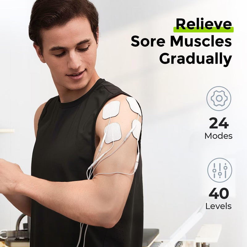 AUVON 3-in-1 TENS Unit Muscle Stimulator, 40 Levels for Gradual Pain Relief | EMS Massage Machine, Drug-Free for Shoulder, Sciatica, Back Pain Relief, 24 Modes Electronic Pulse Massager, 12 TENS Pads A Dark Grey