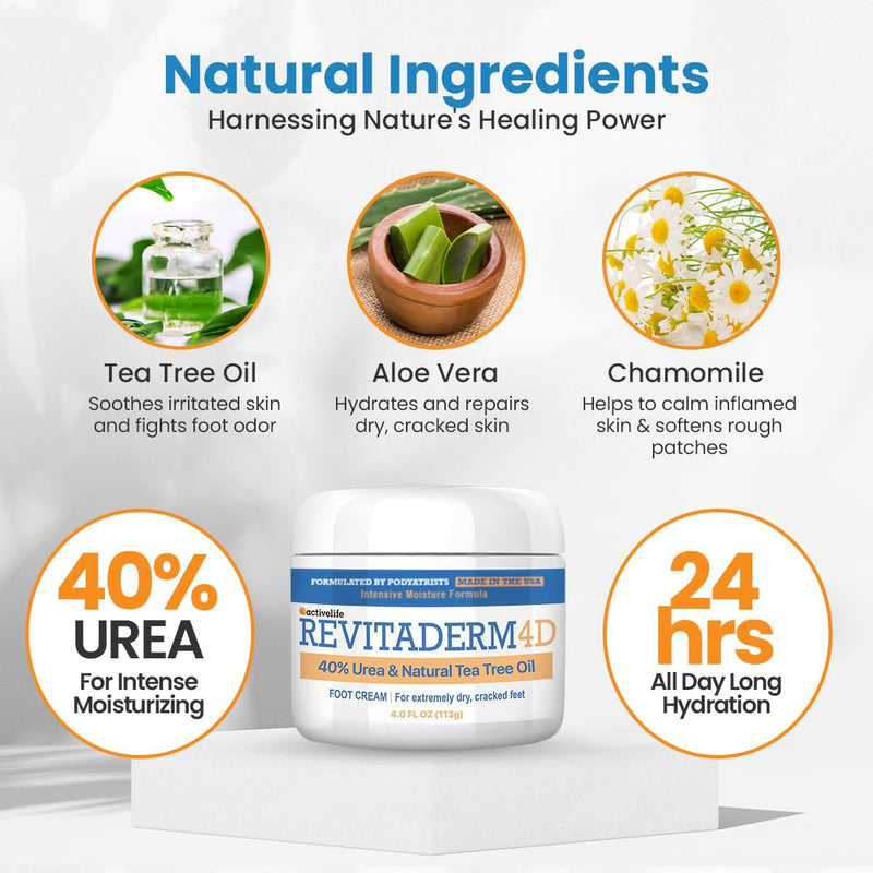 Revitaderm 4D 40% Urea Advanced Foot Cream for Cracked Heels & Dry Skin, Intensive Repair for Rough, Callused Feet, Fast Absorbing, Fragrance Free, Made in USA, 4 oz with Pumice & Brush, 1 Pack 4 Ounce (Pack of 1)