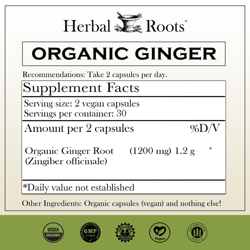 [Australia] - Herbal Roots Ginger Supplement | Organic Ginger Root Capsules | 1,200 mg of Pure Ginger Powder per Serving | 60 Vegan Capsules 