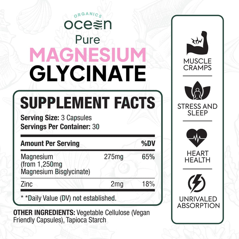[Australia] - Pure Magnesium Glycinate with Zinc - Maximum Strength Chelated Magnesium Supplement for Women and Men for Muscle Cramps and Sleep Support - 90 Capsule 90 Count (Pack of 1) 