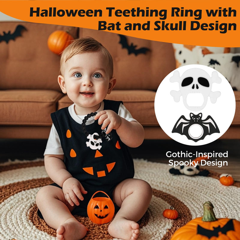 [Australia] - Halloween Baby Teething Ring Toys ‚Äì Skull & Bat Silicone Teethers for Newborns, Infants & Toddlers ‚Äì Sensory Chew Bracelet for Teething Relief ‚Äì Perfect Baby‚Äôs First Halloween Basket Stuffers 