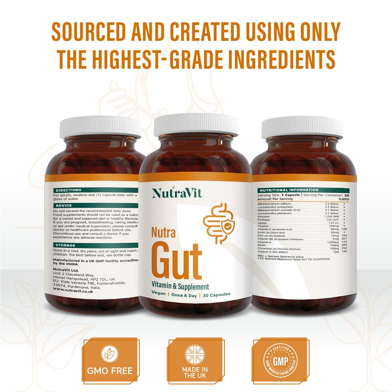 NutraGut - Digestive and Gut Support - with 10 Billion Probiotic Cultures, 3 Digestive Enzymes: Amylase, Protease & Lipase - with Vitamins & Minerals - NutraVit, 30 Capsules