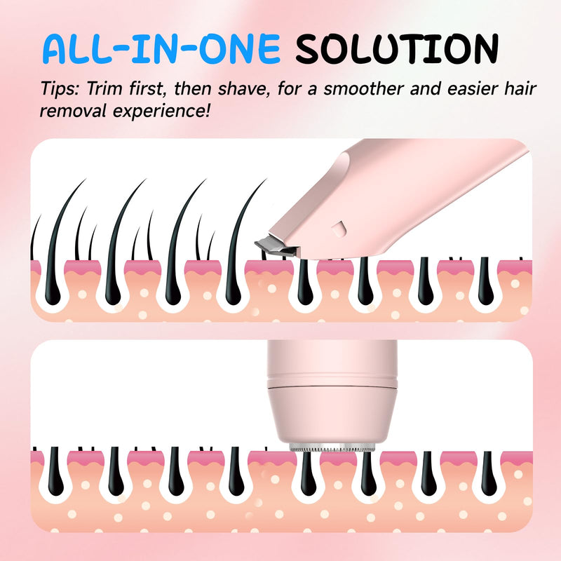 Bikini Trimmer for Women Electric Razors for Women, IPX7 Waterproof Hair Razor, Ceramic Blade Hair Trimmer Wet & Dry Use, Womens Painless Electric Shaver for Facial and Body-Pink Pink