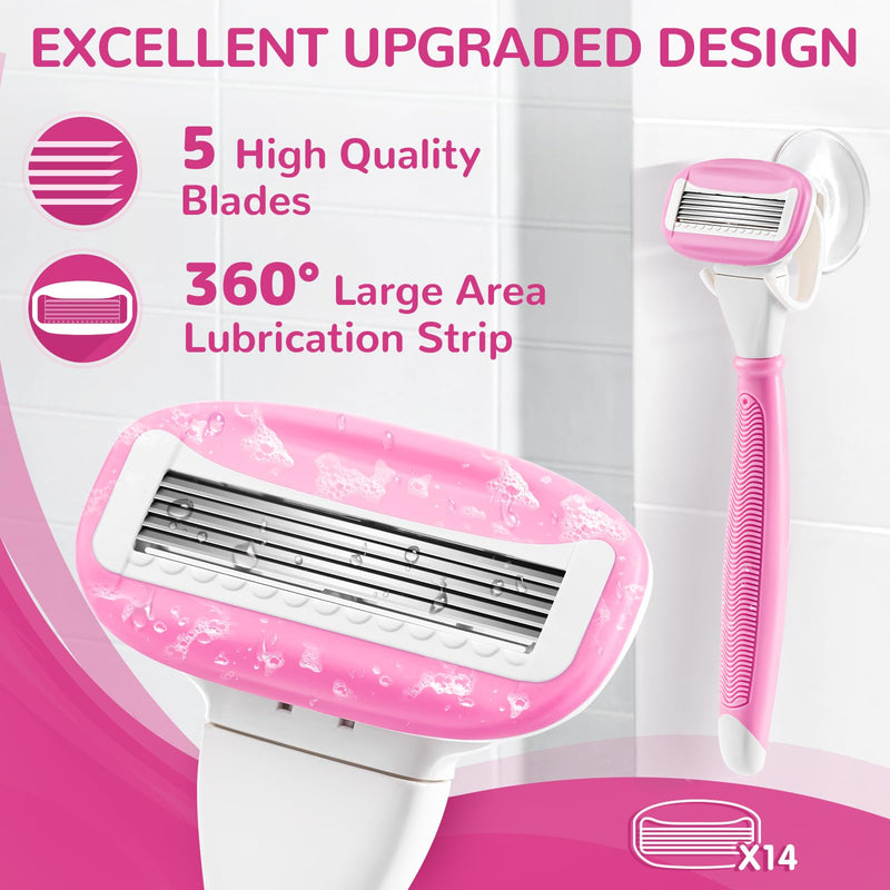 [Australia] - Razors for Women Include 2 Non-Slip Handles and 14 Blade Refills with a Shower Holder, 5 Premium Blades Women's Razors for Shaving with 360° Lubrication Reduces Irritation, Pink 