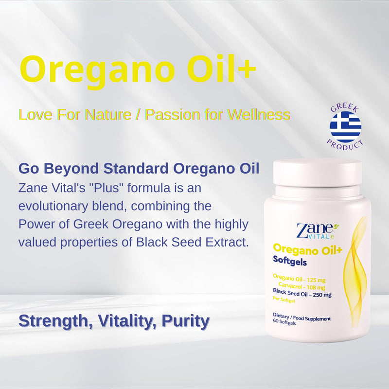 Zane Oregano Oil+ Oregano & Black Seed Oil Softgels – with Carvacrol & Thymoquinone – Dietary Supplement for Immune & Digestive Wellness - Non-GMO, Gluten-Free – 60 Softgels by Zane Vital.