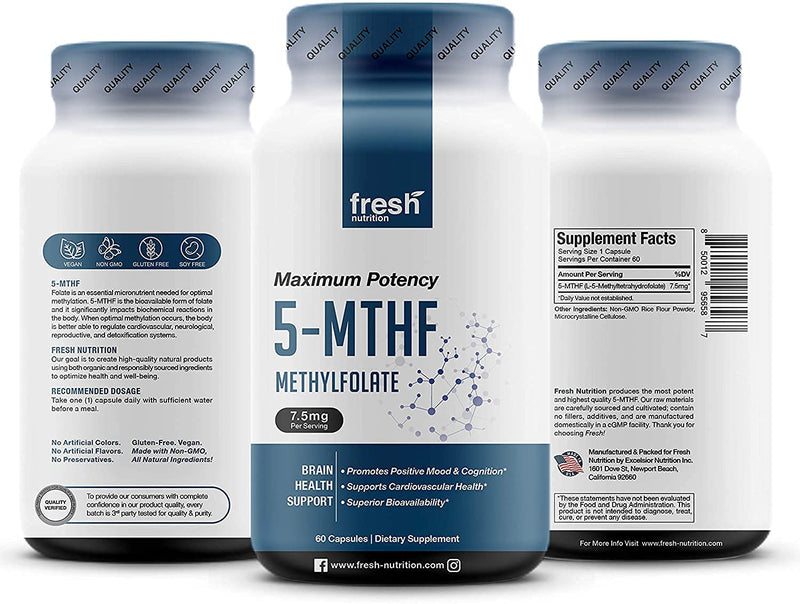 Fresh Nutrition L Methylfolate 7.5mg – Maximum Potency – Superior Bioavailability – 5-MTHF Methyl Folate for Mood, Cognition, Immunity, Cardiovascular, Neurological, Reproductive Health - 60 Capsules 7.5mg 60 Capsules