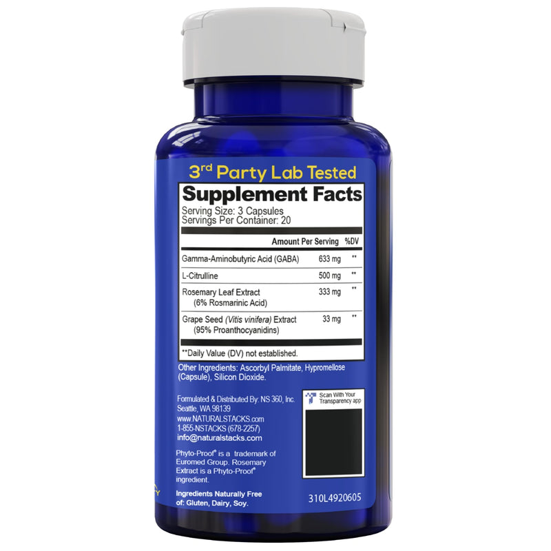 GABA Brain Food, Sleep & Relaxation Support with L-Citrulline, 120 Count | 633mg Gamma Aminobutyric Acid Supplement with Grape Seed Extract - Supports Sleep Function & Mood - Natural Stacks 60 Count (Pack of 2)