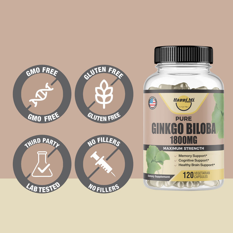 [Australia] - Ginkgo Biloba 1800mg, Ginkgo Biloba Organic, Memory & Brain Function Support, Improves Concentration and Cognitive Support, Clarity, 120 Veggie Caps, Non GMO, 120Caps 