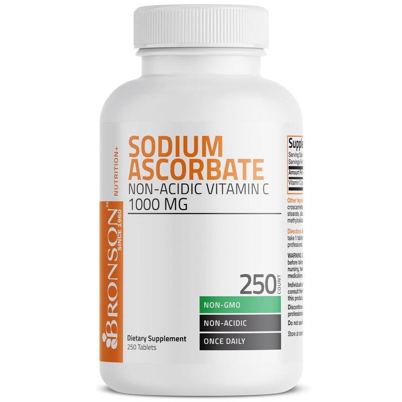 Bronson Non-Acidic Vitamin C 1000 mg as Sodium Ascorbate, 250 Tablets | Gentle on the Stomach, Immune, Antioxidant & Collagen Support, Non-GMO