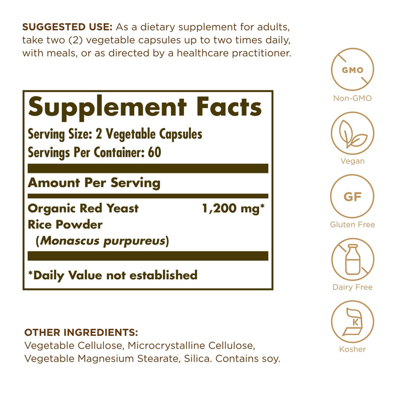 [Australia] - SOLGAR Red Yeast Rice 600 mg - 120 Vegetable Capsules - Non-GMO, Vegan, Gluten & Dairy Free, Kosher - 60 Servings 