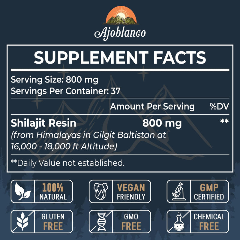 [Australia] - Ajoblanco 800 Mg Himalayan Shilajit Resin, Shilajit Pure Himalayan Organic, Shilajit Supplement with Purity, High Dosage & Potency for Energy, Strength & Immunity, Men & Women, 30 Grams 1.05 Ounce (Pack of 1) 