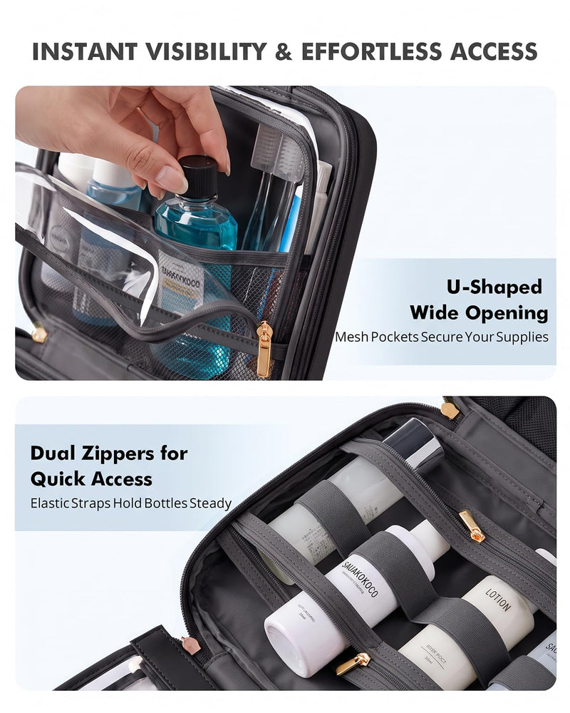 Prite Hanging Toiletry Bag for Women Waterproof Travel Makeup Bag | Jewelry Organizer, Detachable Clear Pouch, Vegan Leather, Dual-Zipper, Durable Hook and Zipper, Multi-pocket, Easy Clean Black Large
