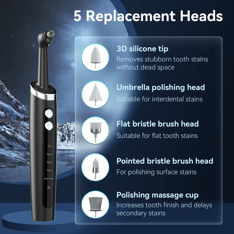 [Australia] - Tooth Polisher Rechargeable,Tooth Buffer Polisher with 5 Replacement Heads & Cleaning Modes, USB Rechargeable, Ipx6 Waterproof, Teeth Black Stain Remover for Adults & Kids Black 
