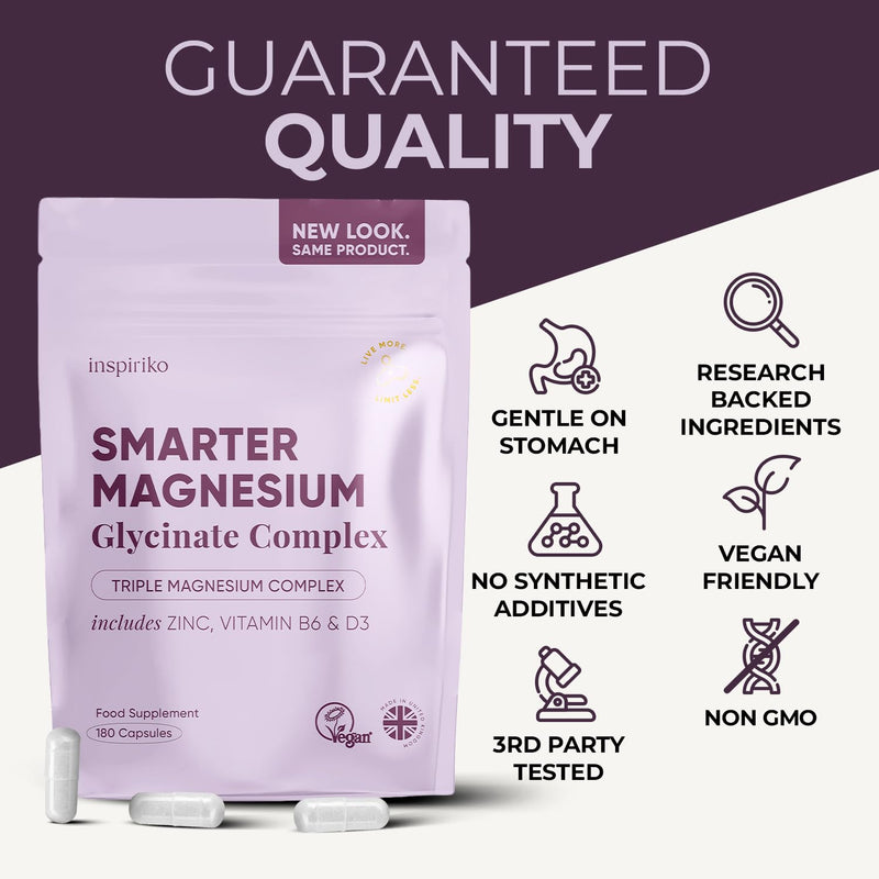 Inspiriko 3-in-1 Magnesium Supplements for Women - Triple Magnesium Complex (Glycinate, Citrate, Malate) with Zinc, B6 & D3-1600mg per Serving, 180 Capsules (3 Months Supply) 180 count (Pack of 1)