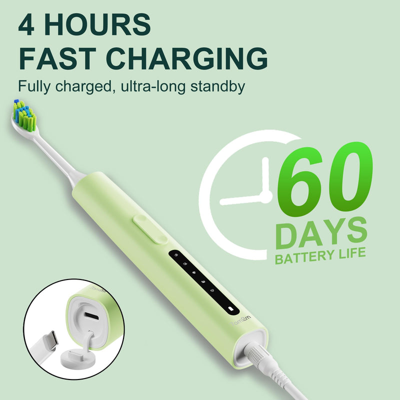 7AM2M Sonic Electric Toothbrush, High Power Rechargeable Toothbrushes, 5 Modes with 2 Minutes Built in Smart Timer, with 4 Brush Heads for Adults and Kids, One Charge for 60 Days (Green) Green