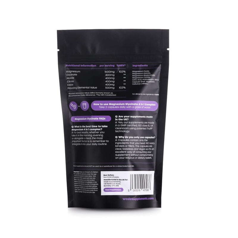 Magnesium 4 in 1 Complex | High Strength 1600mg Supplement Gylcinate, Malate, Citrate & Oxide| 120 Vegan Capsules | Increase Brain Function & Sleep Reduce Fatigue | Made in UK