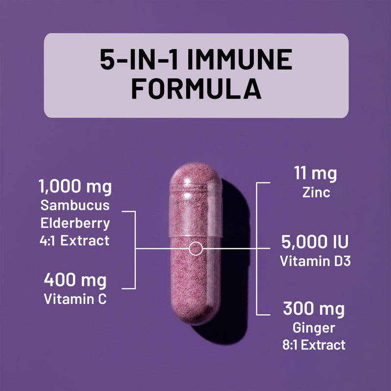 NatureWise Elderberry Vitamin C and Zinc for Adults - Sambucus Black Elderberry and Ginger & Vitamin D3 5000IU - 5 in 1 Immune Support - Non-GMO - USA Manufactured - 120 Veggie Capsules[60-Day Supply]