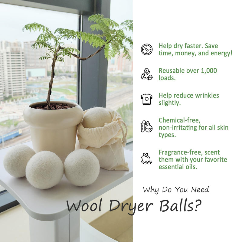 Wool Dryer Balls Laundry Reusable, 100% Natural New Zealand Wool Balls for Dryer, 6 in 1 Pack (White) White