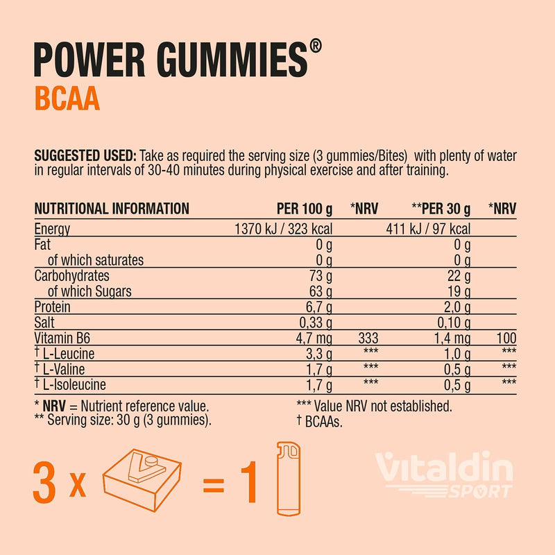 VITALDIN Sport Power Gummies BCAA – Muscle Protection & Recovery – 2 gr of Branched Chain Amino Acids BCAAs Ratio 2:1:1 per Serving + Vitamin B6 – 30 Chewable Gummy Bites – Orange Flavour – Vegan