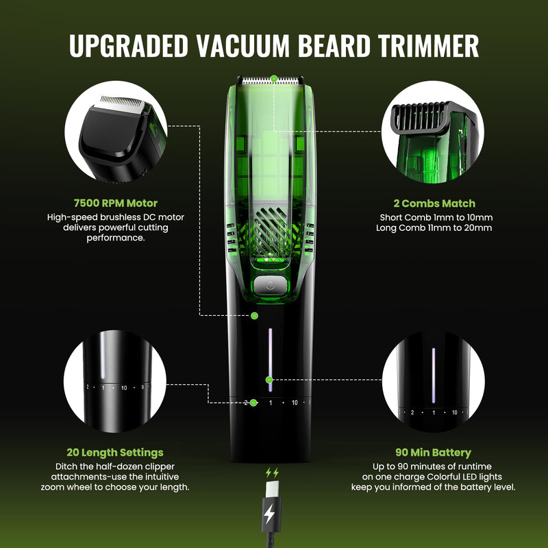 Premium Beard Trimmer for Men, Men's Vacuum Electric Shaver Kit, 20 Levels Adjustable, Wet/Dry Shaver, Upgraded Stainless Steel Ceramic Blade Heads for Precision Facial Hair, Birthday Gifts for Men