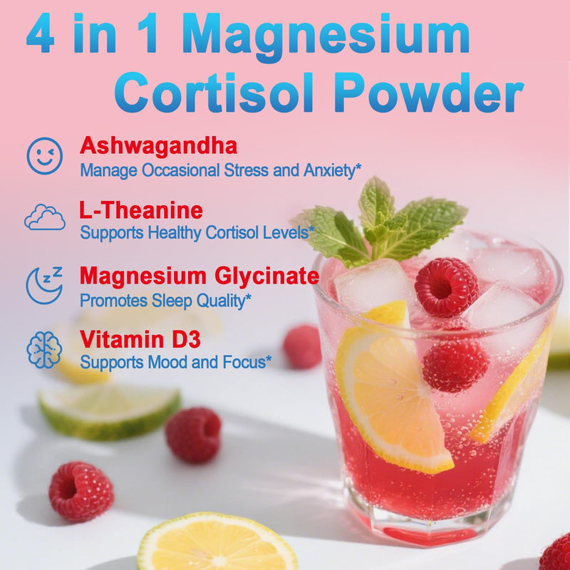 [Australia] - Cortisol Powdered Drink Mix, Made with Magnesium Glycinate, L-Theanine, Ashwagandha & Vitamin D3, Cortisol Supplements for Relaxation, Focus & Calm Support, Raspberry Lemonade Flavor, 30 Ct 
