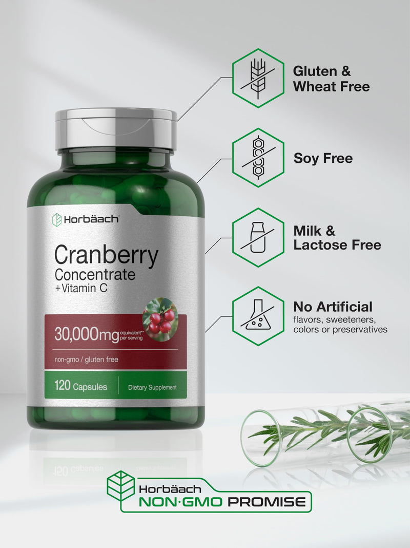 Horbäach Cranberry Concentrate Extract Pills + Vitamin C | 30,000mg | 120 Capsules | Triple Strength Ultimate Potency Formula | Non-GMO and Gluten Free Supplement