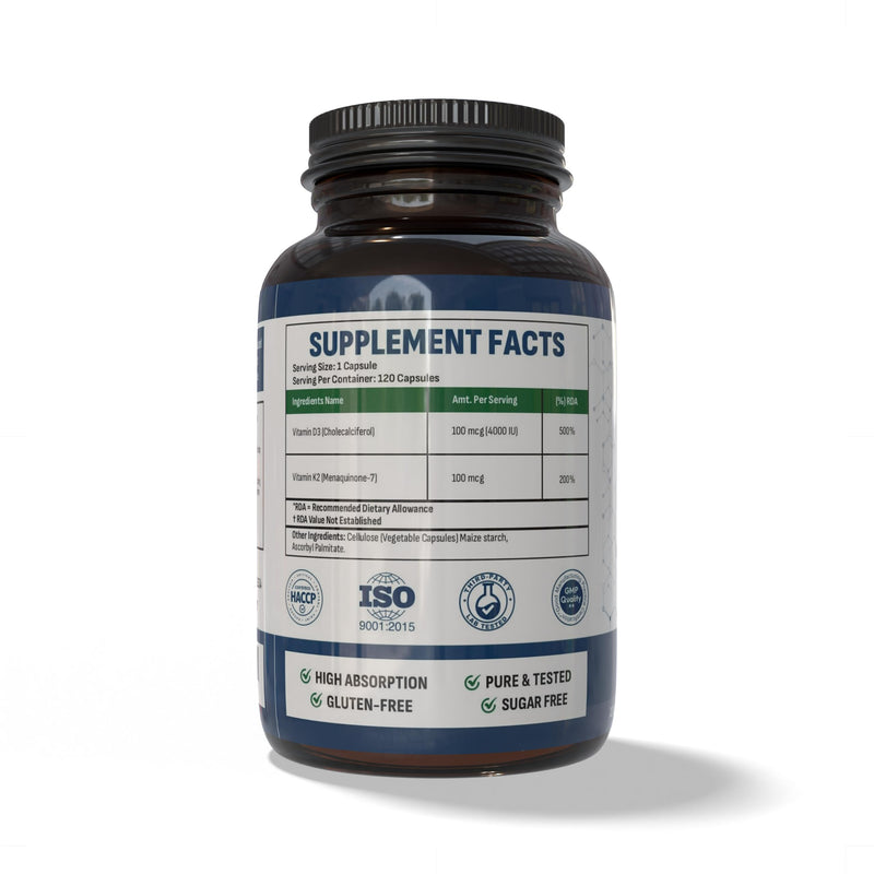 Vitamin D3 + K2 – High Potency 4000 IU D3 (Cholecalciferol) + 1500 mcg K2 (MK-7) – Synergistic Formula for Optimal Absorption & Nutrient Balance – Non-GMO – 120 Veg Capsules